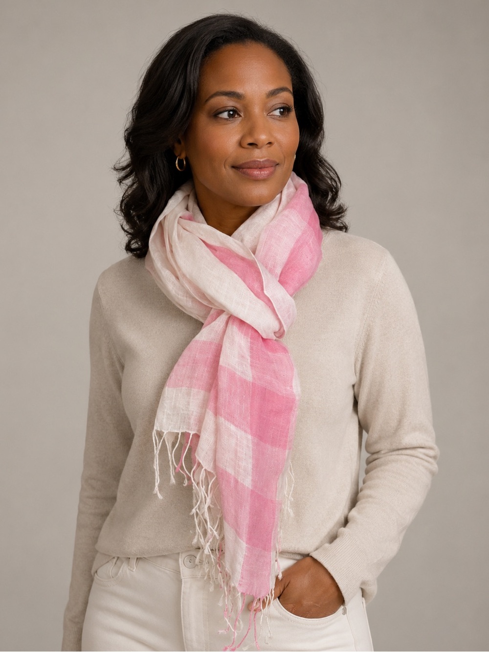 Talbots Pink & White Plaid Linen Scarf — 100% Linen